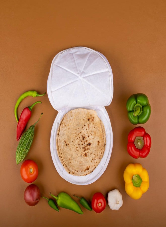 Clazkit غطاء خبز الروتي والشاباتي من كلازكيت، مصنوع من القطن، مزود بسحاب، بتصميم دائري، منديل مطبخ تقليدي، يحافظ على نضارة الروتي والشاباتي (قطعتان)، أبيض ووردي - Image 1